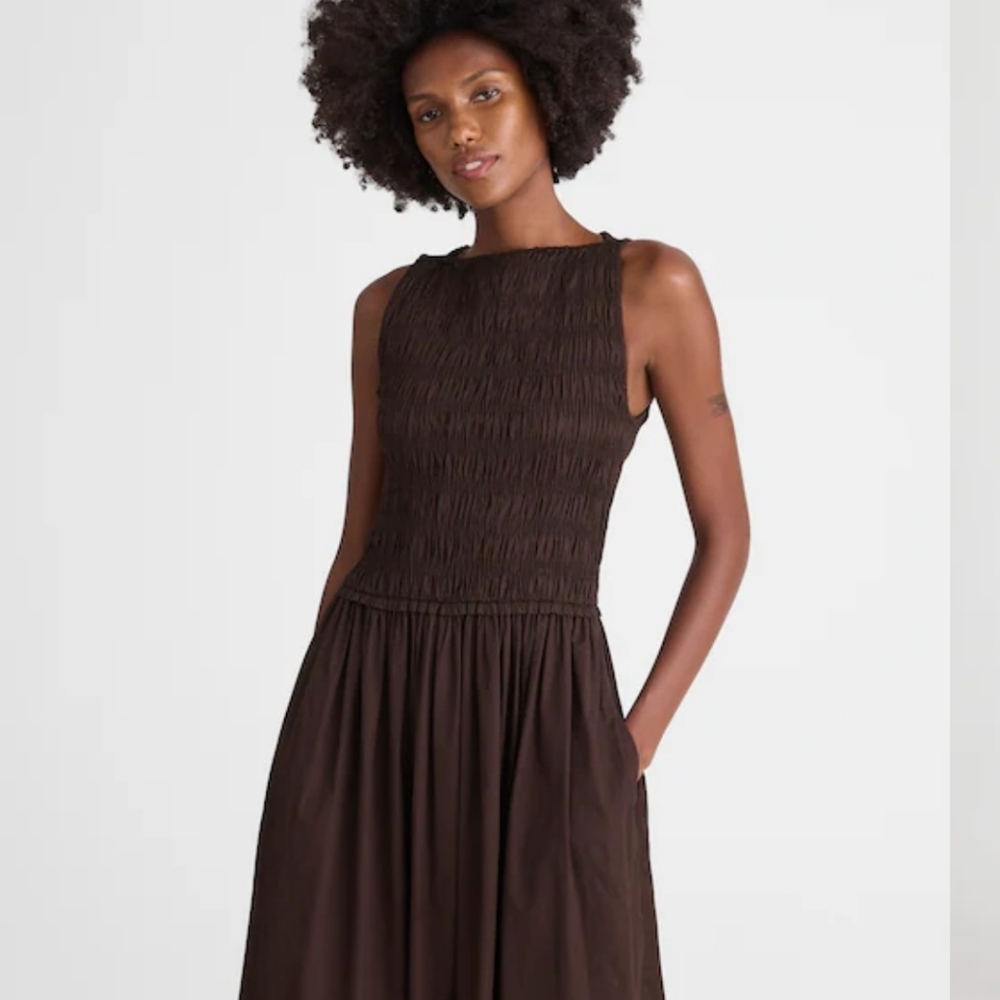 Madewell The Melody Smocked Midi Dress Size M NWT Brown Molasses - Picture 3 of 12